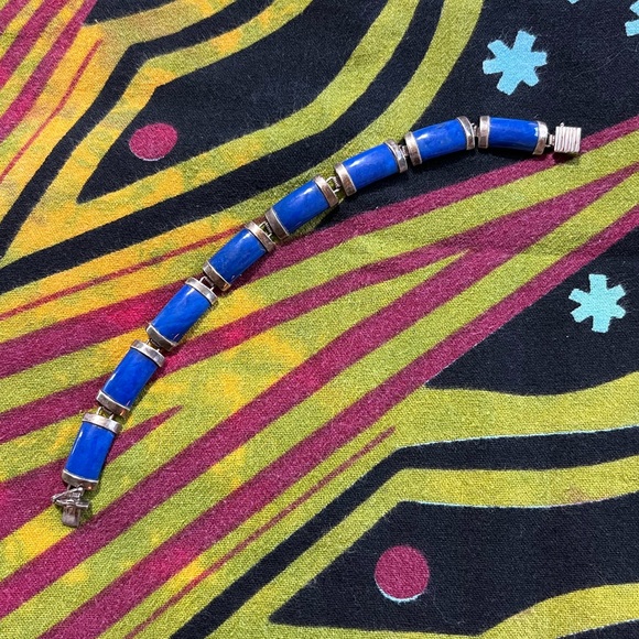 VTG Lapis Lazuli Stone Panel Sterling Silver 925 China Bracelet - Picture 5 of 9